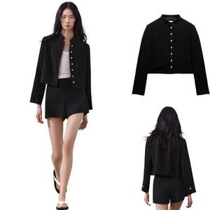 NWT Zara Buttoned Cropped Jacket Black Size S‎